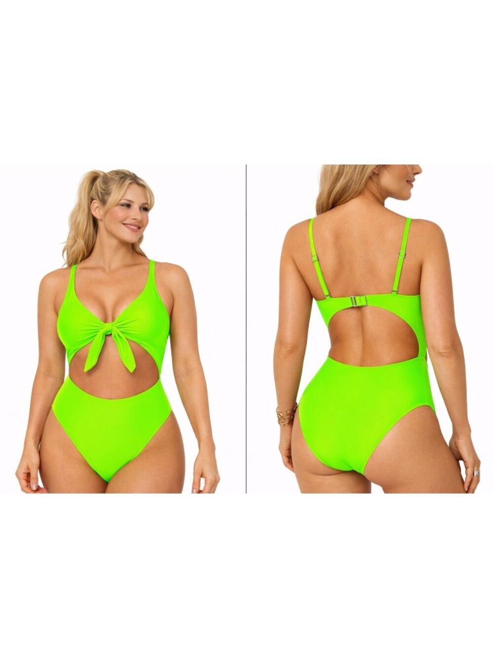 XL Neon Green Cutout Monokini One Piece Swimsuit Tie Front Tummy Control NWT